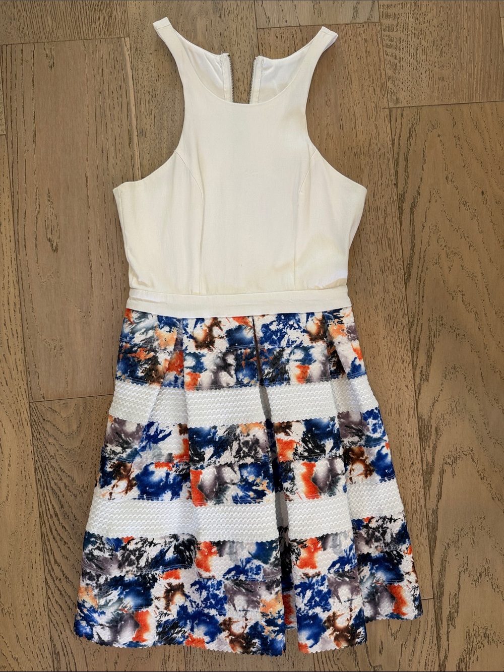 Jealous Tomato White Tank Dress with Blue, Orange and Gray Floral Skirt